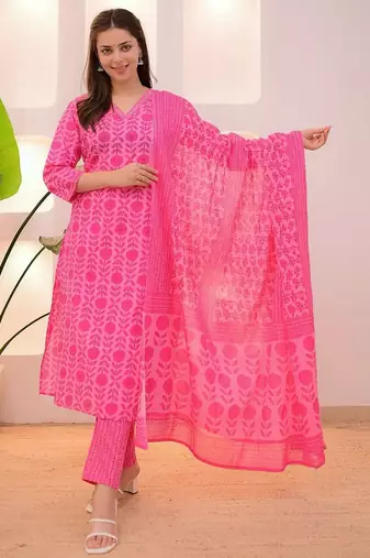 Floral printed pink v neck pure cotton kurta set with trouser & dupatta