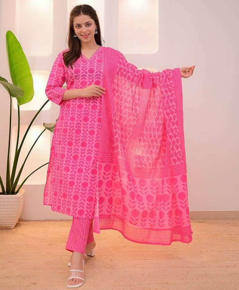 Floral printed pink v neck pure cotton kurta set with trouser & dupatta