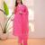Floral printed pink v neck pure cotton kurta set with trouser & dupatta