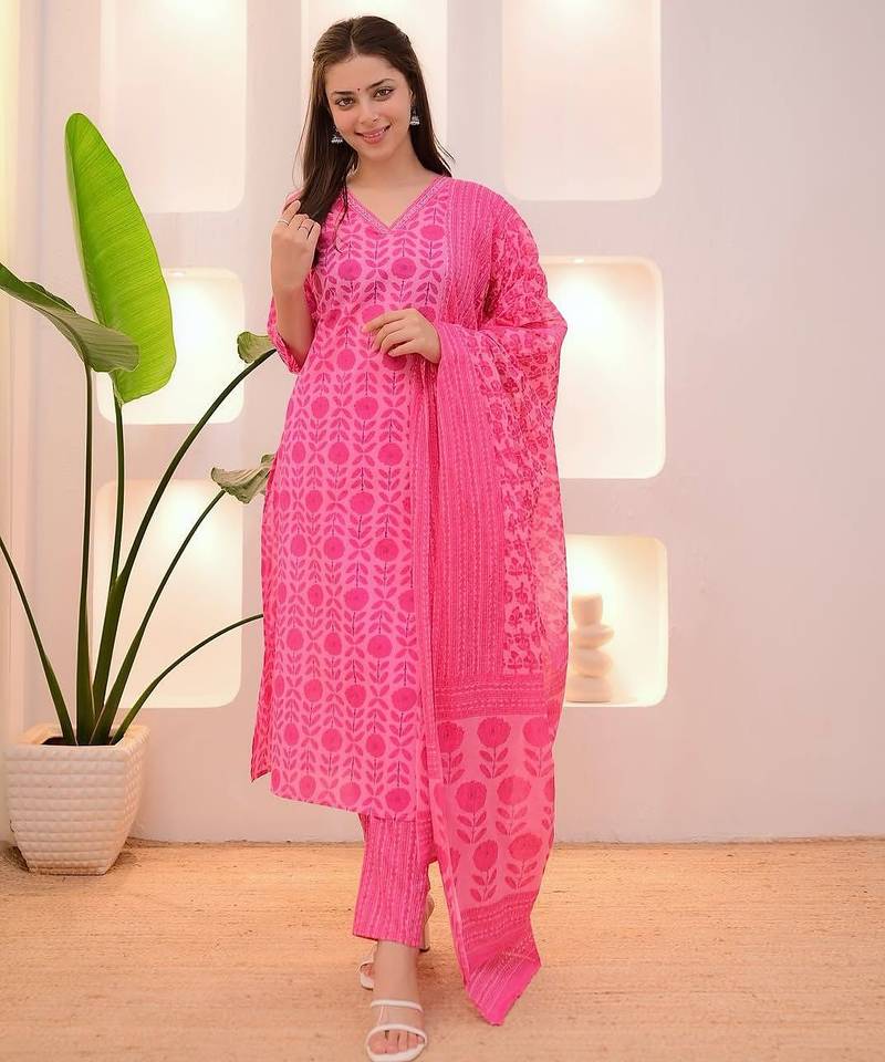 Floral printed pink v neck pure cotton kurta set with trouser & dupatta