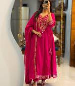 Floral embroidered pink v neck pure cotton kurta set with trouser & dupatta