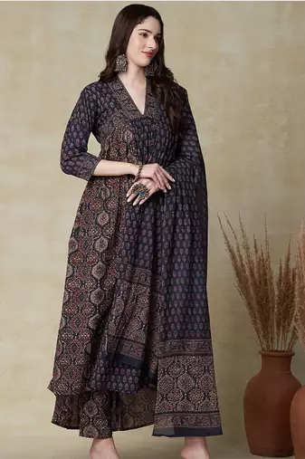 Floral printed blue v neck pure cotton kurta set with trouser & dupatta