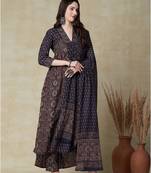 Floral printed blue v neck pure cotton kurta set with trouser & dupatta