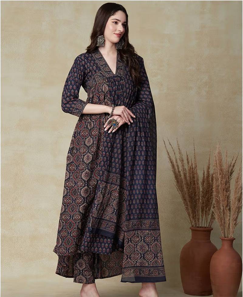 Floral printed blue v neck pure cotton kurta set with trouser & dupatta