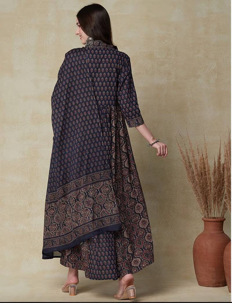 Floral printed blue v neck pure cotton kurta set with trouser & dupatta