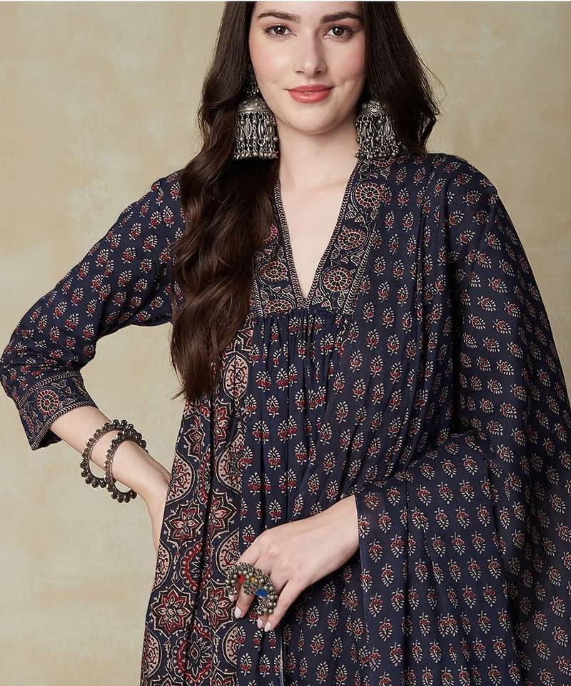 Floral printed blue v neck pure cotton kurta set with trouser & dupatta