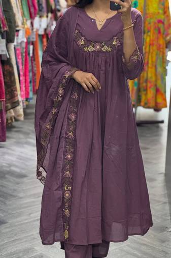 Floral embroidered purple v neck pure cotton kurta set with trouser & dupatta
