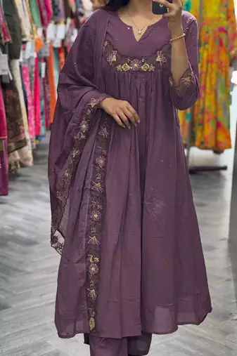 Floral embroidered purple v neck pure cotton kurta set with trouser & dupatta