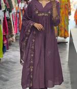 Floral embroidered purple v neck pure cotton kurta set with trouser & dupatta
