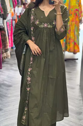 Floral embroidered green v neck pure cotton kurta set with trouser & dupatta