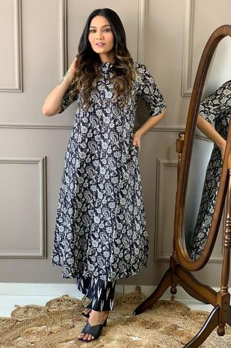 Floral printed black round neck pure cotton kurta set with trouser