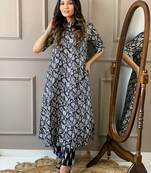 Floral printed black round neck pure cotton kurta set with trouser