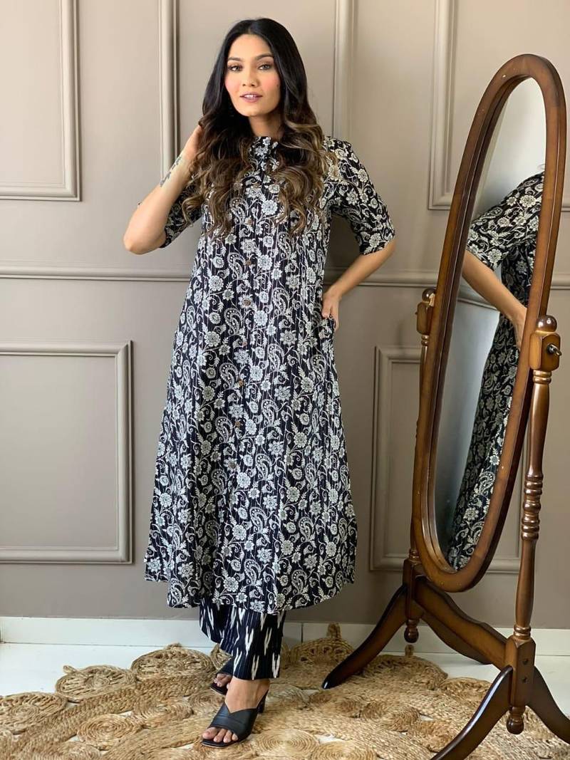 Floral printed black round neck pure cotton kurta set with trouser