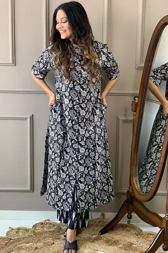 Floral printed black round neck  cotton kurta set with trouser