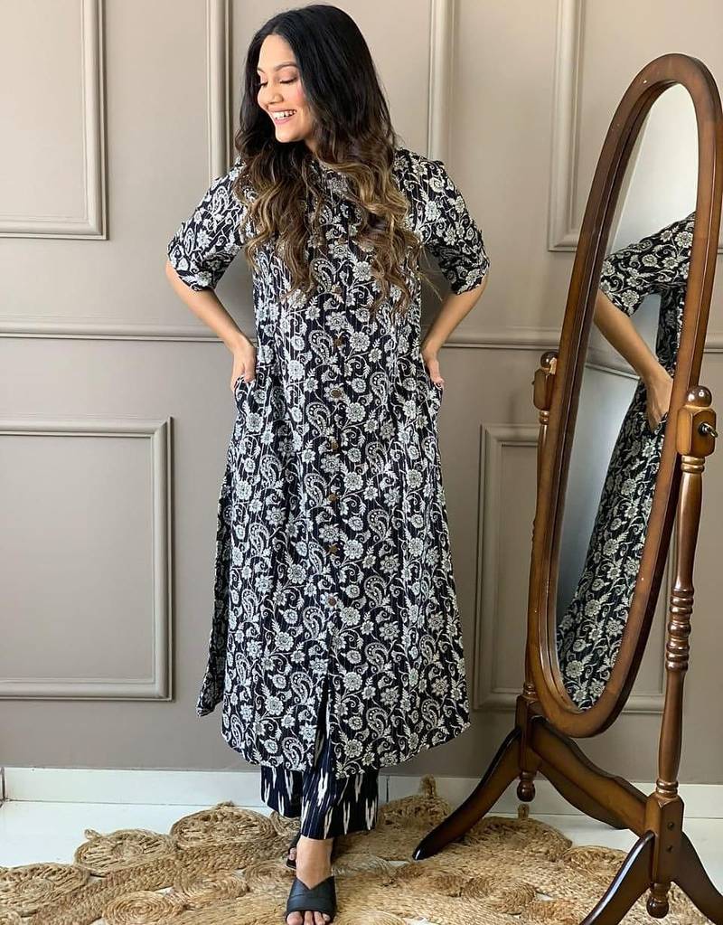 Floral printed black round neck pure cotton kurta set with trouser