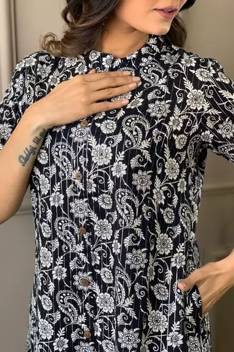 Floral printed black round neck  cotton kurta set with trouser