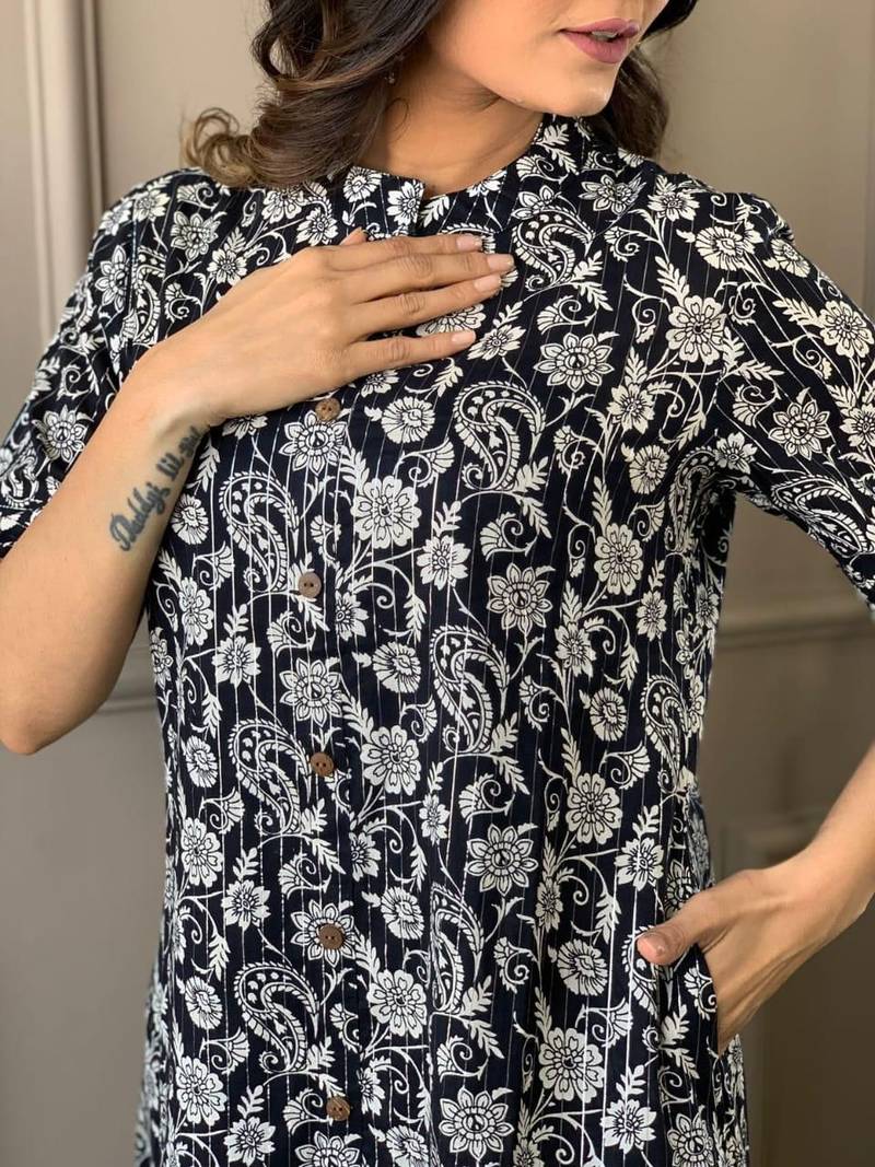 Floral printed black round neck pure cotton kurta set with trouser