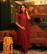Floral embroidered red round neck pure cotton kurta set with trouser & dupatta