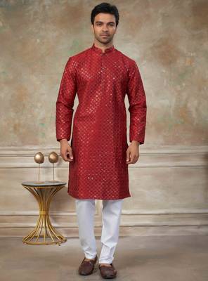 Red colour silk with embroidery work kurta cotton pajama menswear collection 1