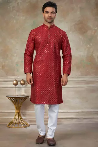 Red colour silk with embroidery work kurta cotton pajama menswear collection