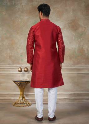 Red colour silk with embroidery work kurta cotton pajama menswear collection 2