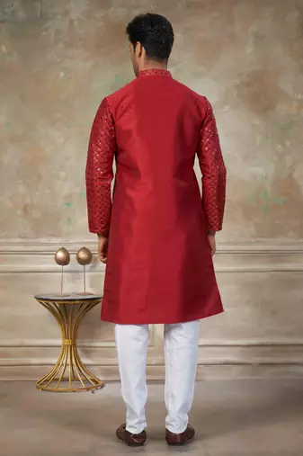 Red colour silk with embroidery work kurta cotton pajama menswear collection