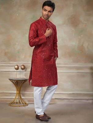 Red colour silk with embroidery work kurta cotton pajama menswear collection 3