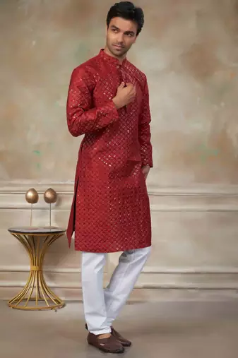 Red colour silk with embroidery work kurta cotton pajama menswear collection