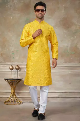 Yellow colour silk with embroidery work kurta cotton pajama menswear collection