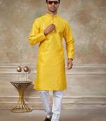 Yellow colour silk with embroidery work kurta cotton pajama menswear collection