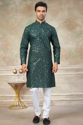 Green colour silk with embroidery work kurta cotton pajama menswear collection