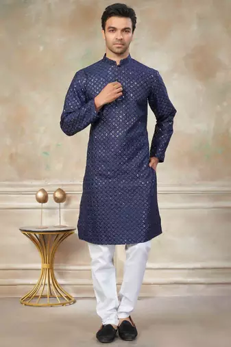 Navy blue colour silk with embroidery work kurta cotton pajama menswear collection