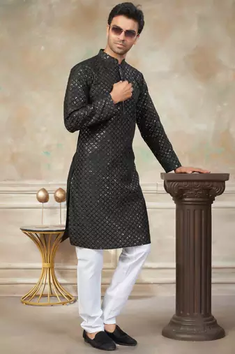 Black colour silk with embroidery work kurta cotton pajama menswear collection