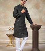 Black colour silk with embroidery work kurta cotton pajama menswear collection