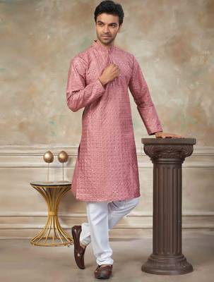 Pink colour silk with embroidery work kurta cotton pajama menswear collection 1