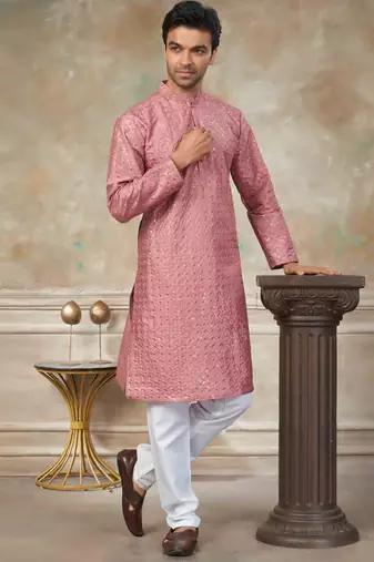 Pink colour silk with embroidery work kurta cotton pajama menswear collection