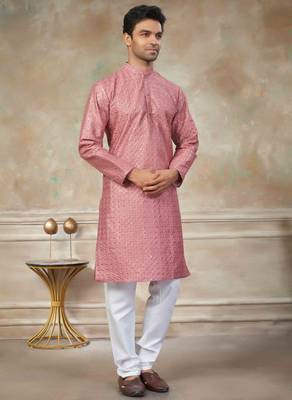 Pink colour silk with embroidery work kurta cotton pajama menswear collection 3