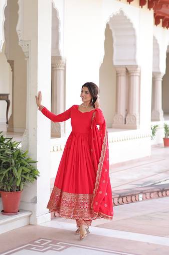 readymade red gown with pant & dupatta set