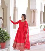 readymade red gown with pant & dupatta set