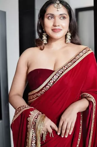 Red  9000 velvet with embroidered work saree with unstitched blouse