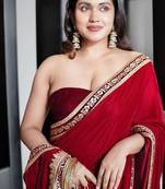 Red 9000 velvet with embroidered work saree with unstitched blouse