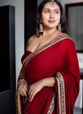 Red 9000 velvet with embroidered work saree with unstitched blouse 3