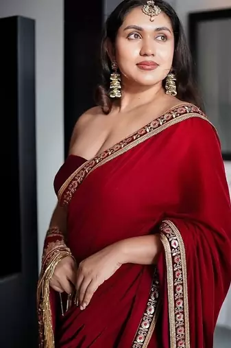 Red 9000 velvet with embroidered work saree with unstitched blouse