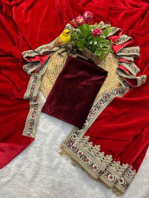 Red 9000 velvet with embroidered work saree with unstitched blouse 4