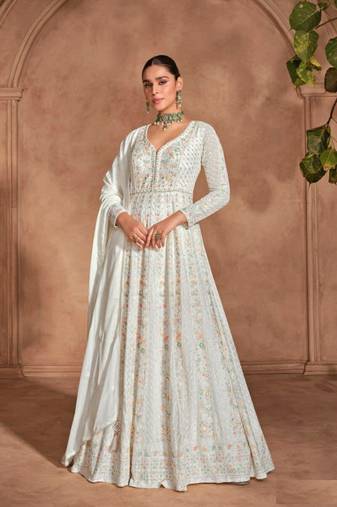 White chinon silk heavy embrodiered semi stitched wedding gowns