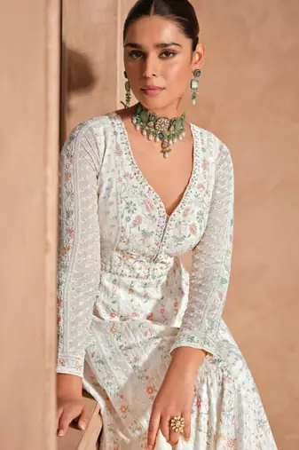 White chinon silk Embroidered Gown-Full Stitched Free size