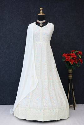 White chinon silk Embroidered Gown-Full Stitched Free size 3