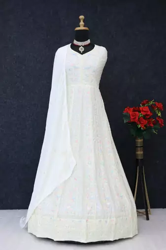 White chinon silk Embroidered Gown-Full Stitched Free size