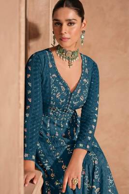 Teal chinon silk Embroidered Gown-Full Stitched Free size 1