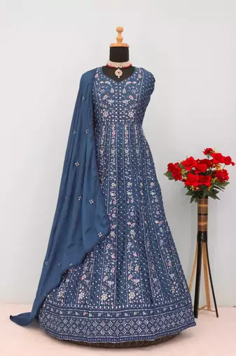 Teal chinon silk Embroidered Gown-Full Stitched Free size